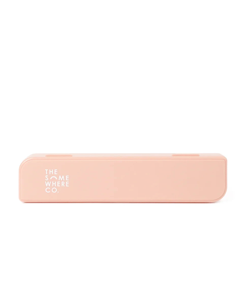 Cutlery set container with somewhere co branding in pale pink colour.