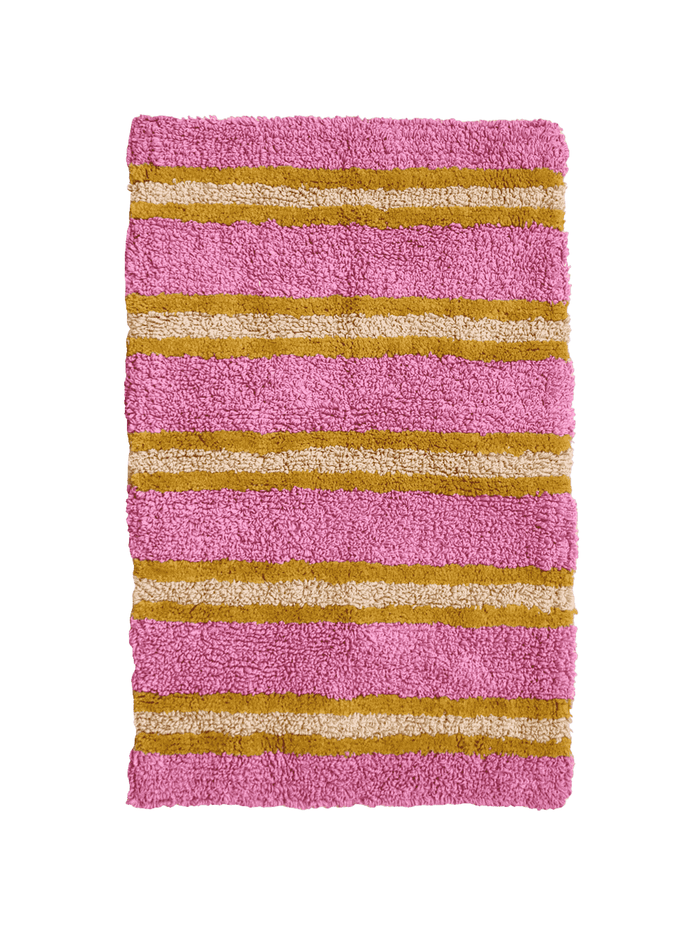 Pink bath mat with gold and beige stripes on a green background