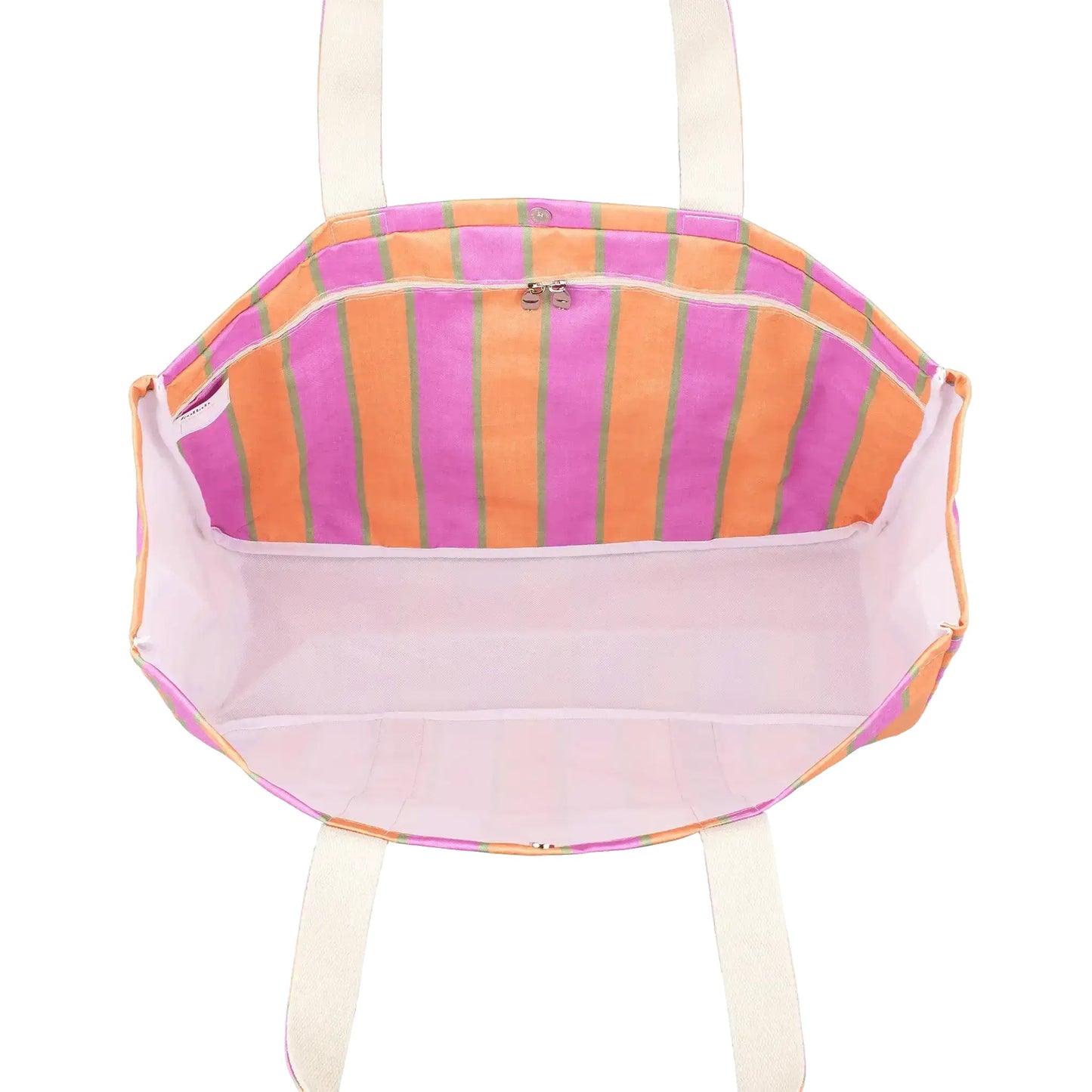 An open tote bag with cream-colored shoulder straps, featuring a striped interior pattern of pink, orange, and green vertical stripes with a light pink lining.