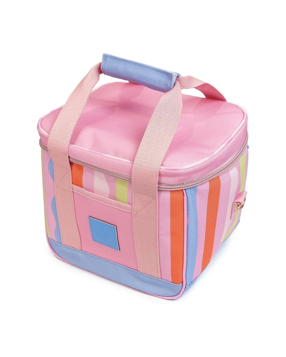 A pastel pink soft-sided cooler bag with pastel pink handles, light blue trim, and vertical stripes in orange, yellow, and light blue on the front panel, shown on a white background.