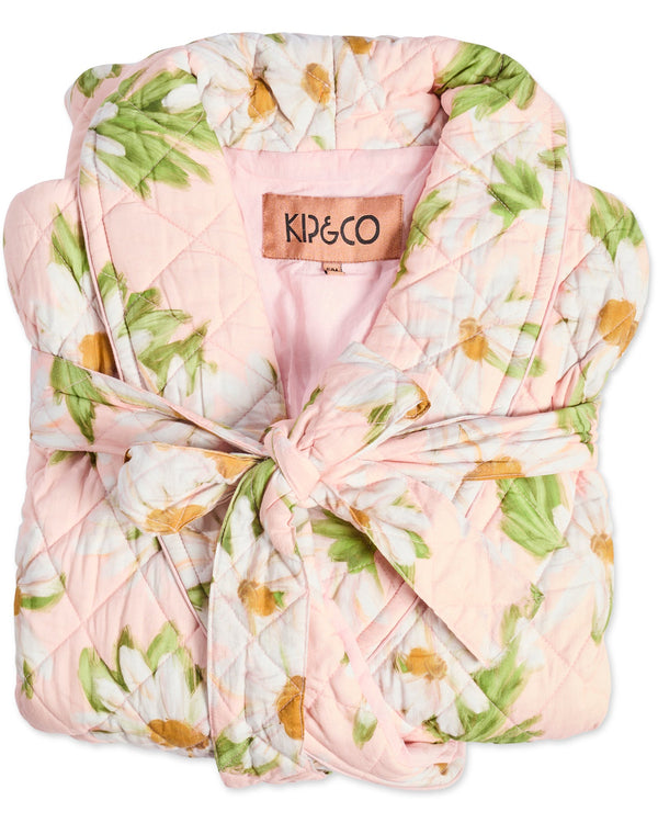 Floral-patterned robe with a brand label on a white background