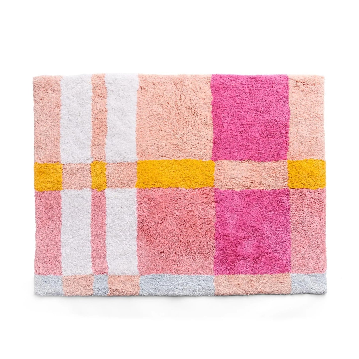 Checkered bath mat with pink, yellow, and white squares on a white background