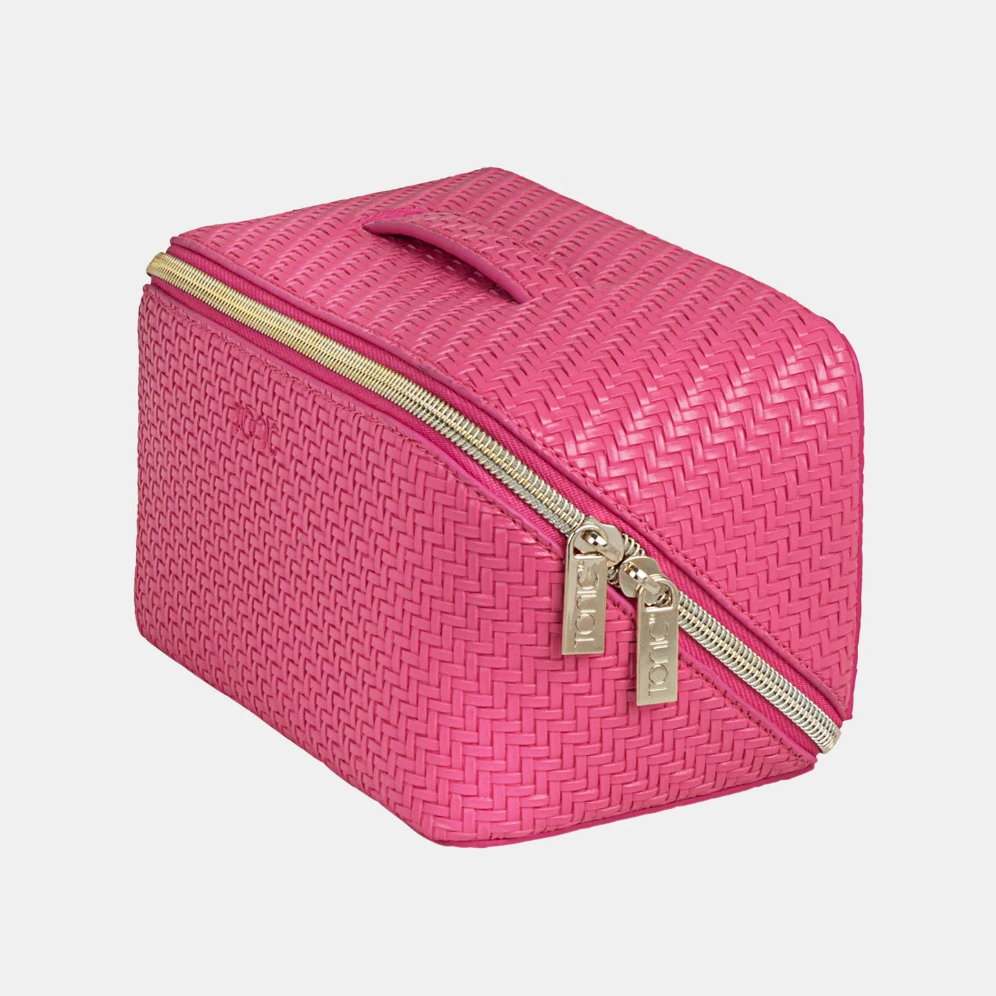 Pink woven travel case with gold zipper on a light gray background