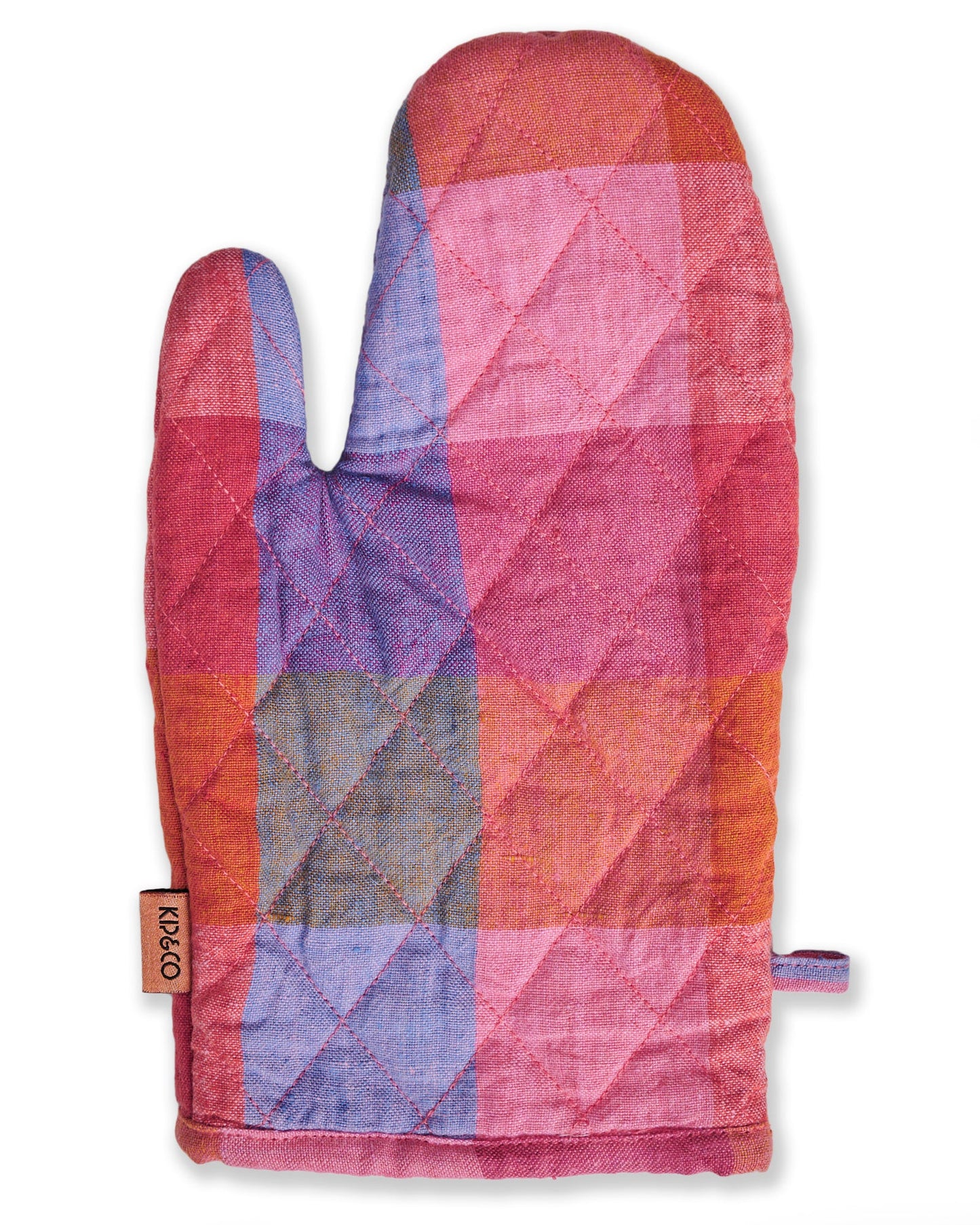 A quilted cotton oven mitt with a pink, purple, blue, and orange check tartan pattern.