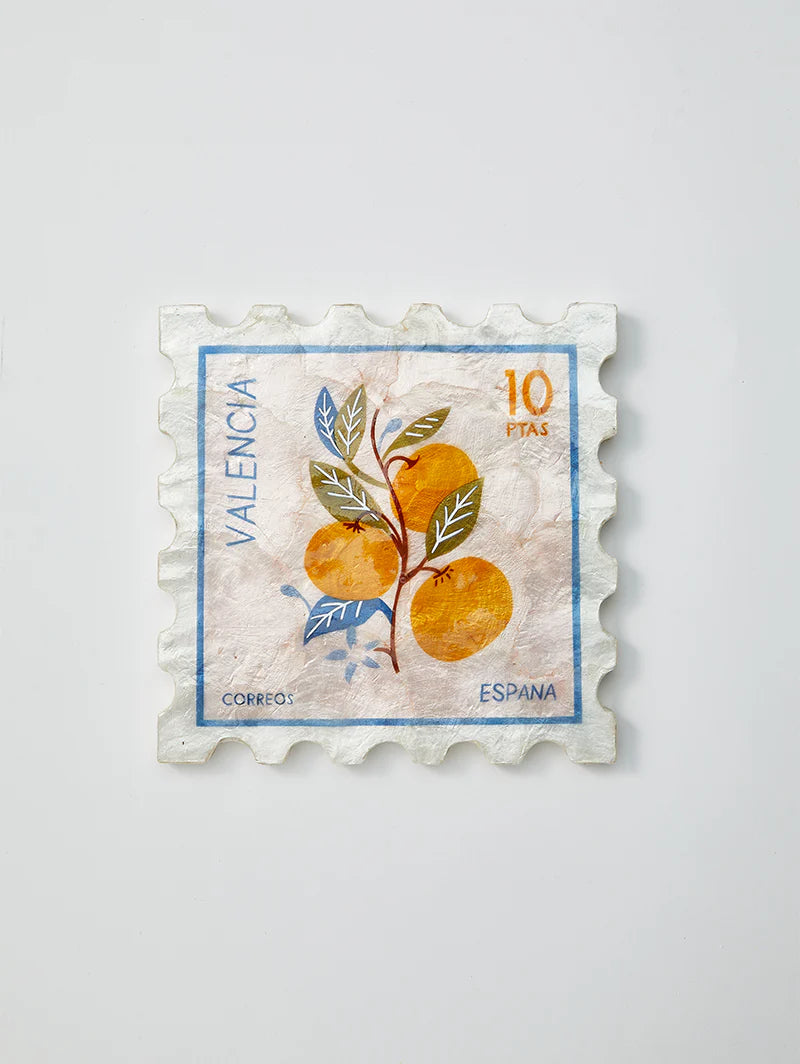 Stylized postage stamp with oranges and wavy border on a light gray background