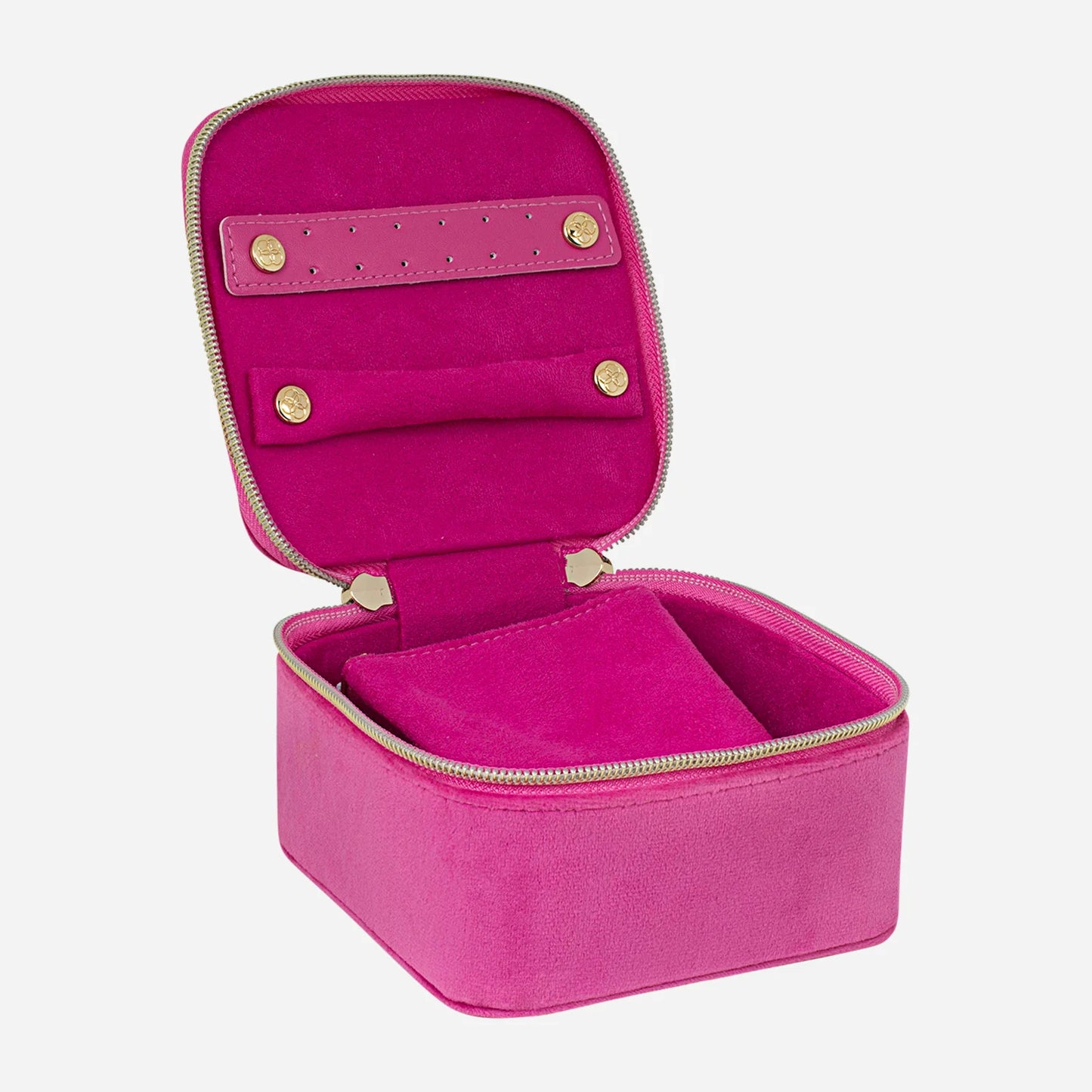 Pink jewelry box with open lid on a white background