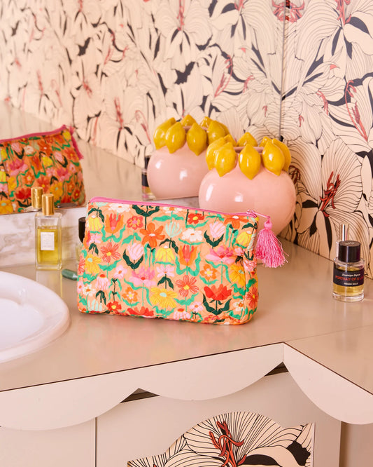 Popping Flowers Peach Quilted Cotton Toiletry Purse