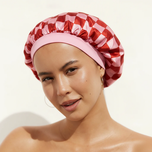 Satin Sleep Bonnet - Pink + Red Check