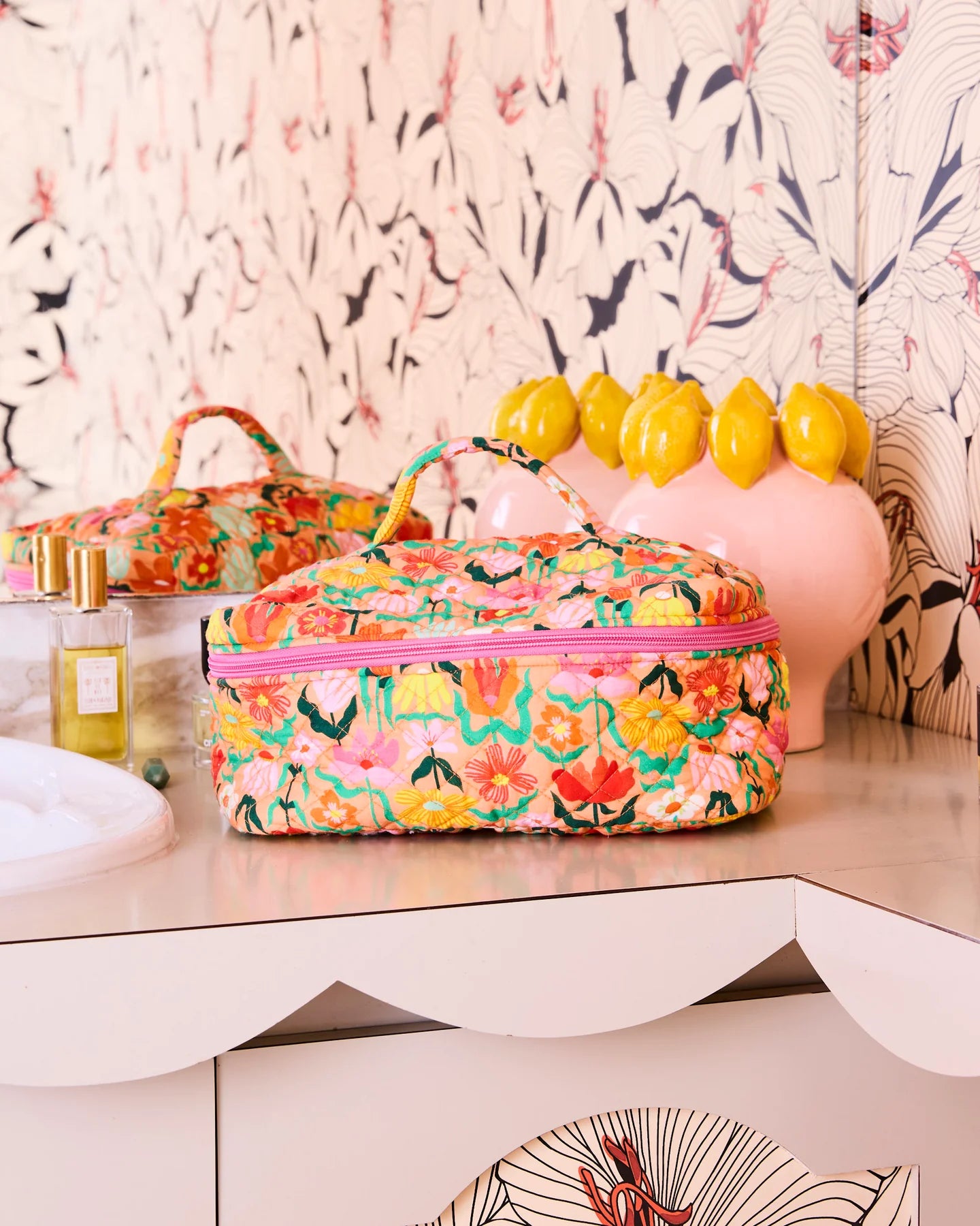 Popping Flower Peach Quilted Cotton Toiletry Case