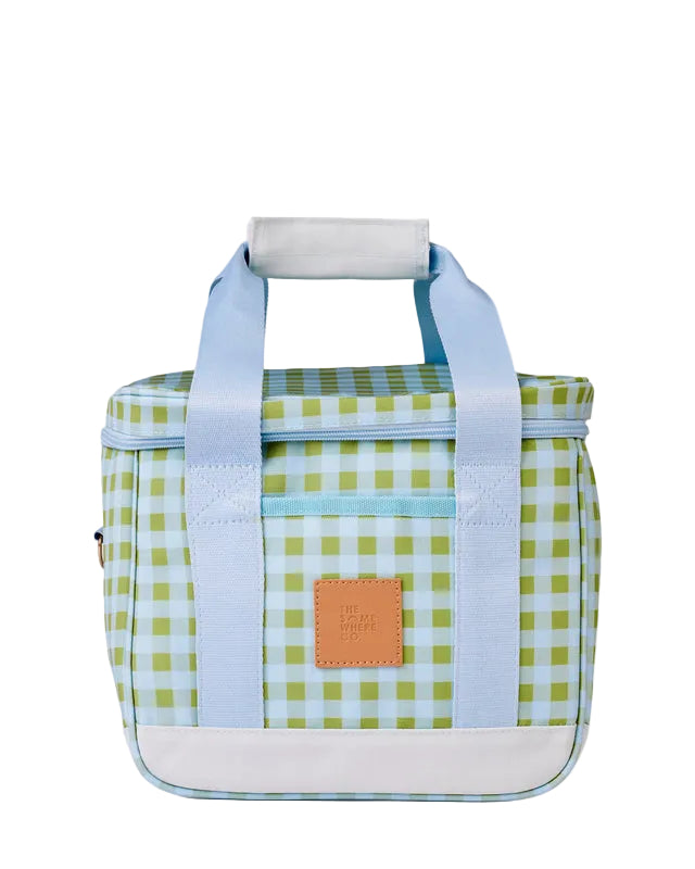 Checkered cooler bag with a handle on a light gray background