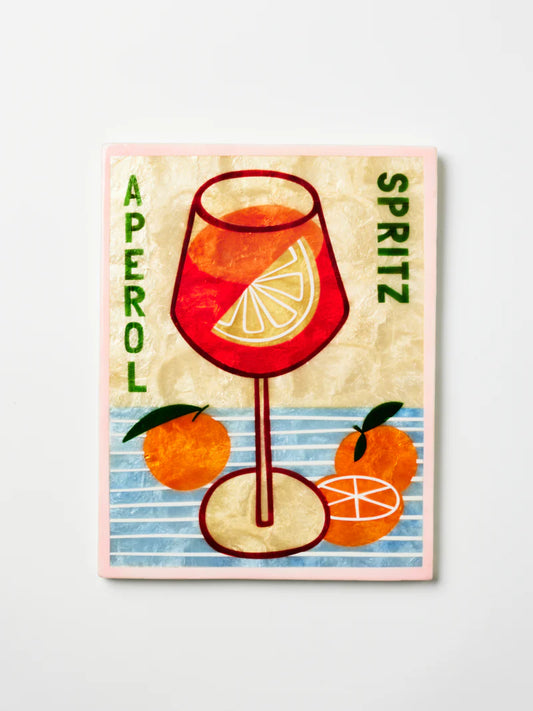 Illustration of a glass of Aperol Spritz with oranges and lemon on a striped background