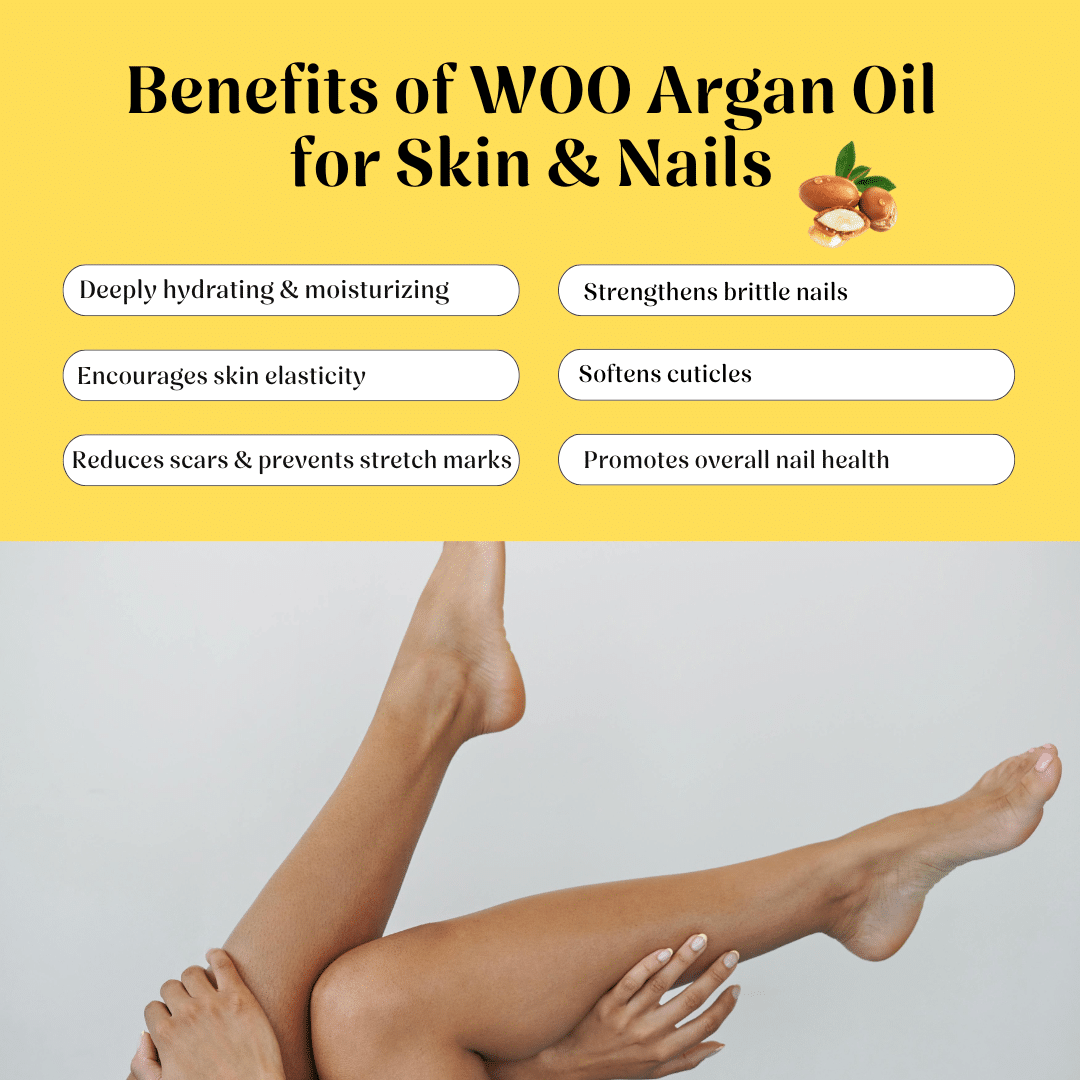 Promotional graphic for WOO Argan Oil with text listing skin and nail benefits on a yellow background above a photo of crossed legs with manicured nails against a light gray background.