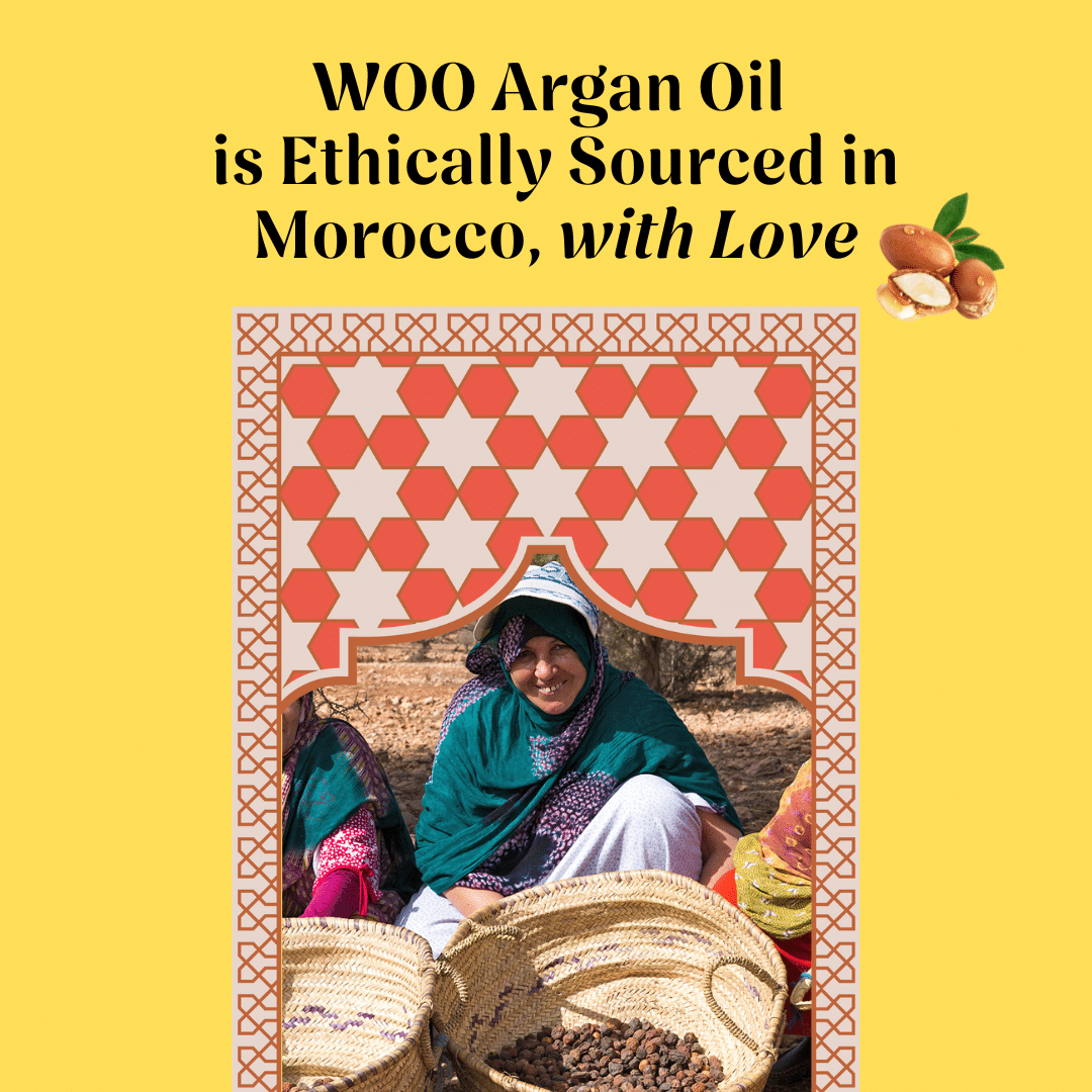 Advertisement for WOO Argan Oil with a woman in traditional clothing and woven baskets on a yellow background.
