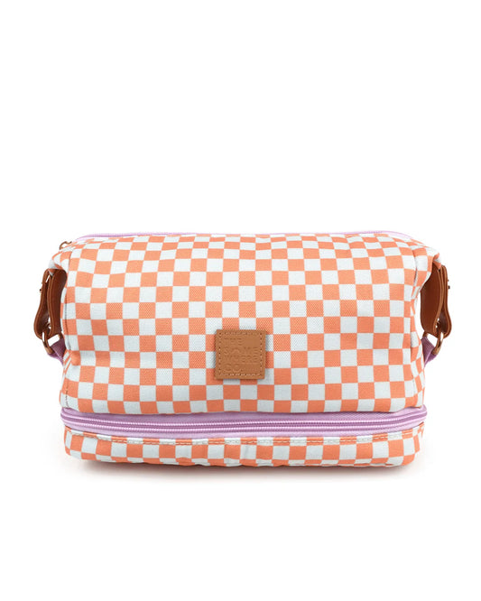 Plaid pattern in orange and cream, leather details and lilac zip. Somewhere co leather  detail. 