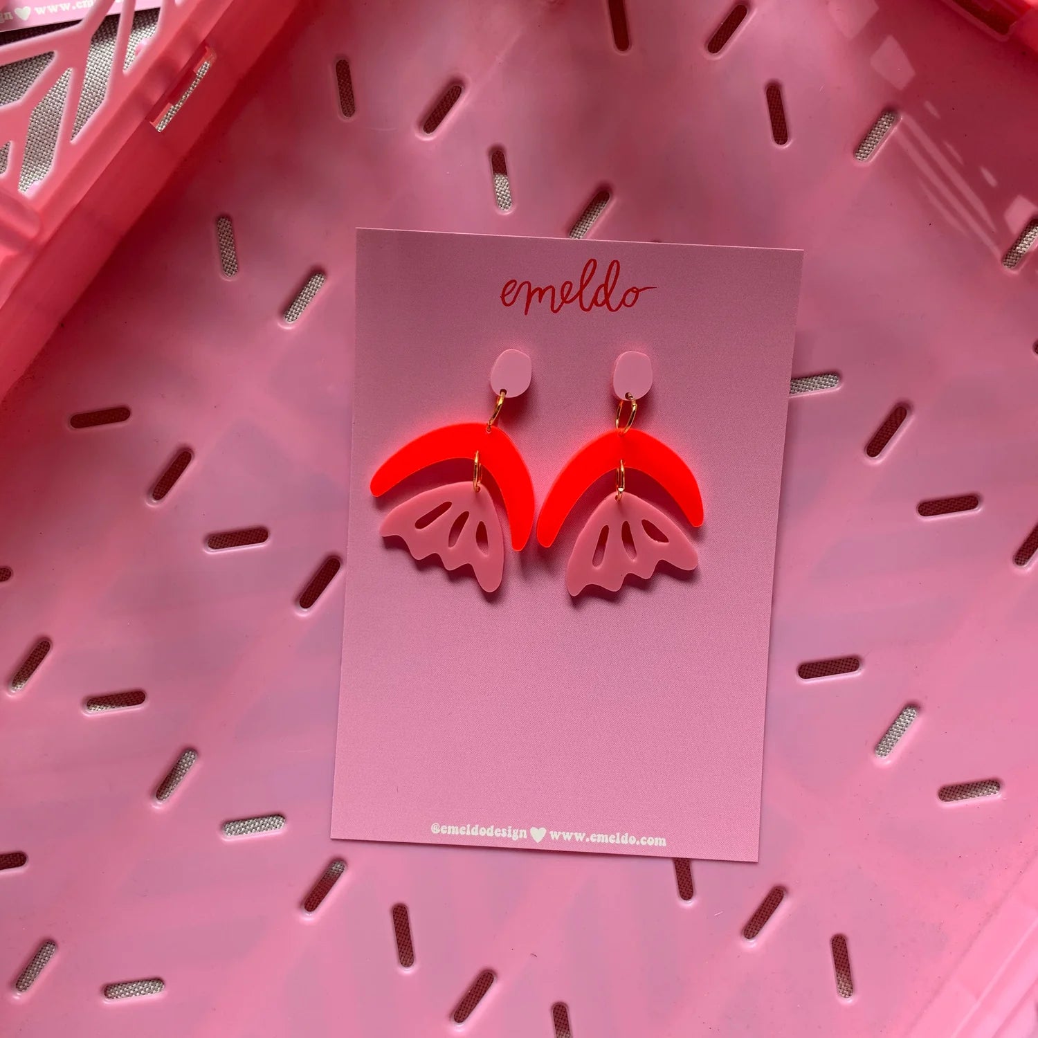 Pink and red arch shape, flower, pink stud top earrings. 