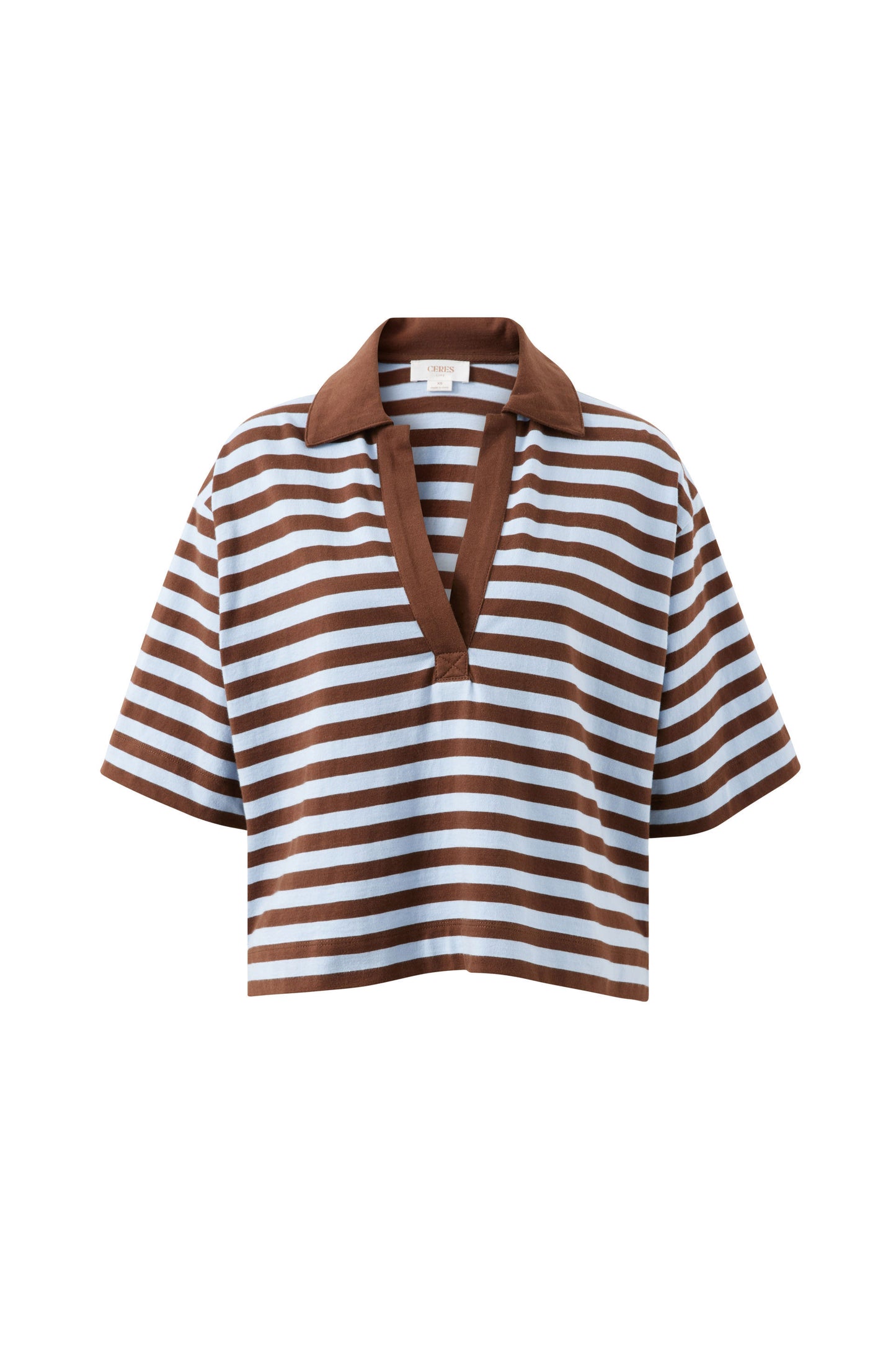 Brown and white striped shirt with a collar on a white background