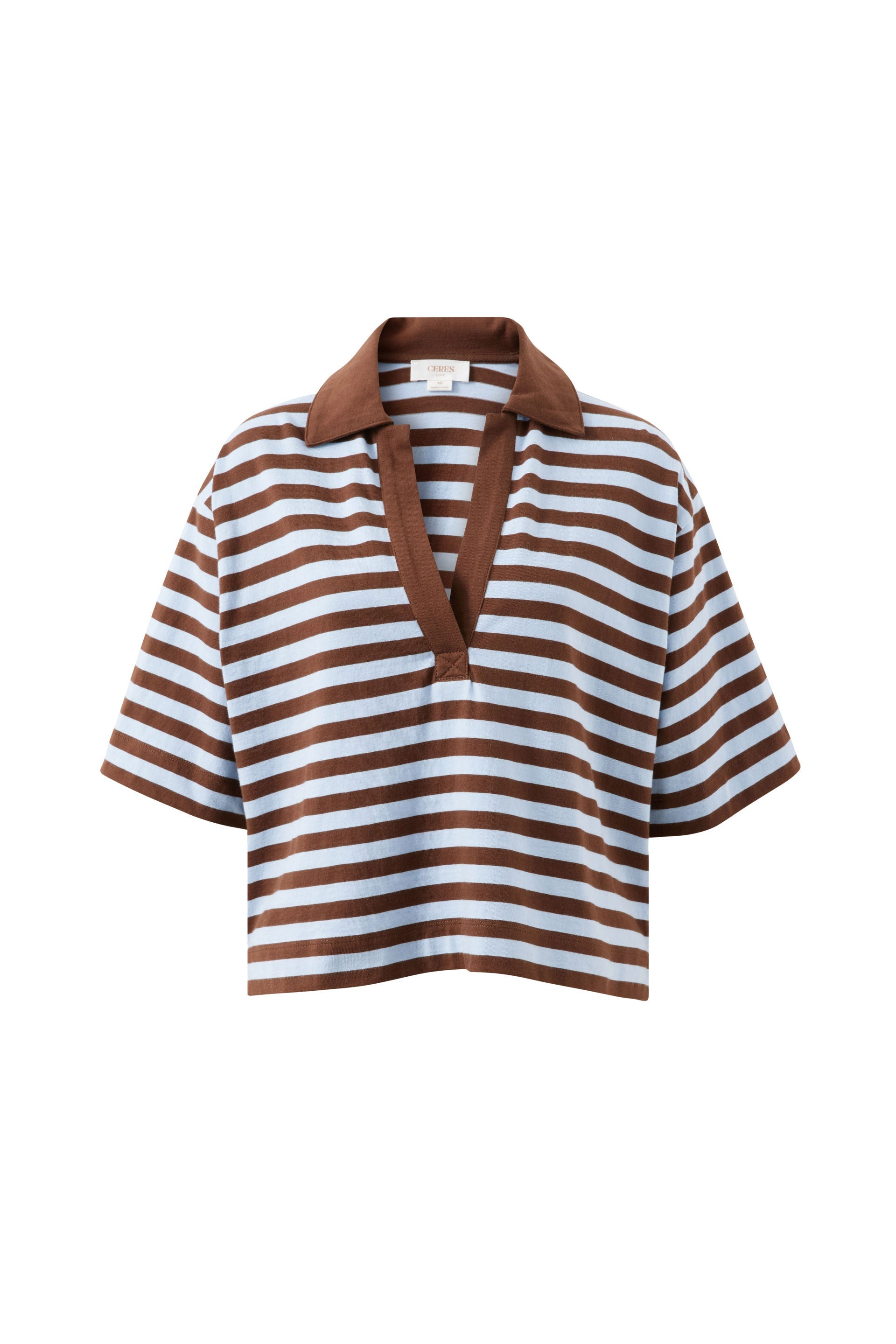 Brown and white striped shirt with a collar on a white background