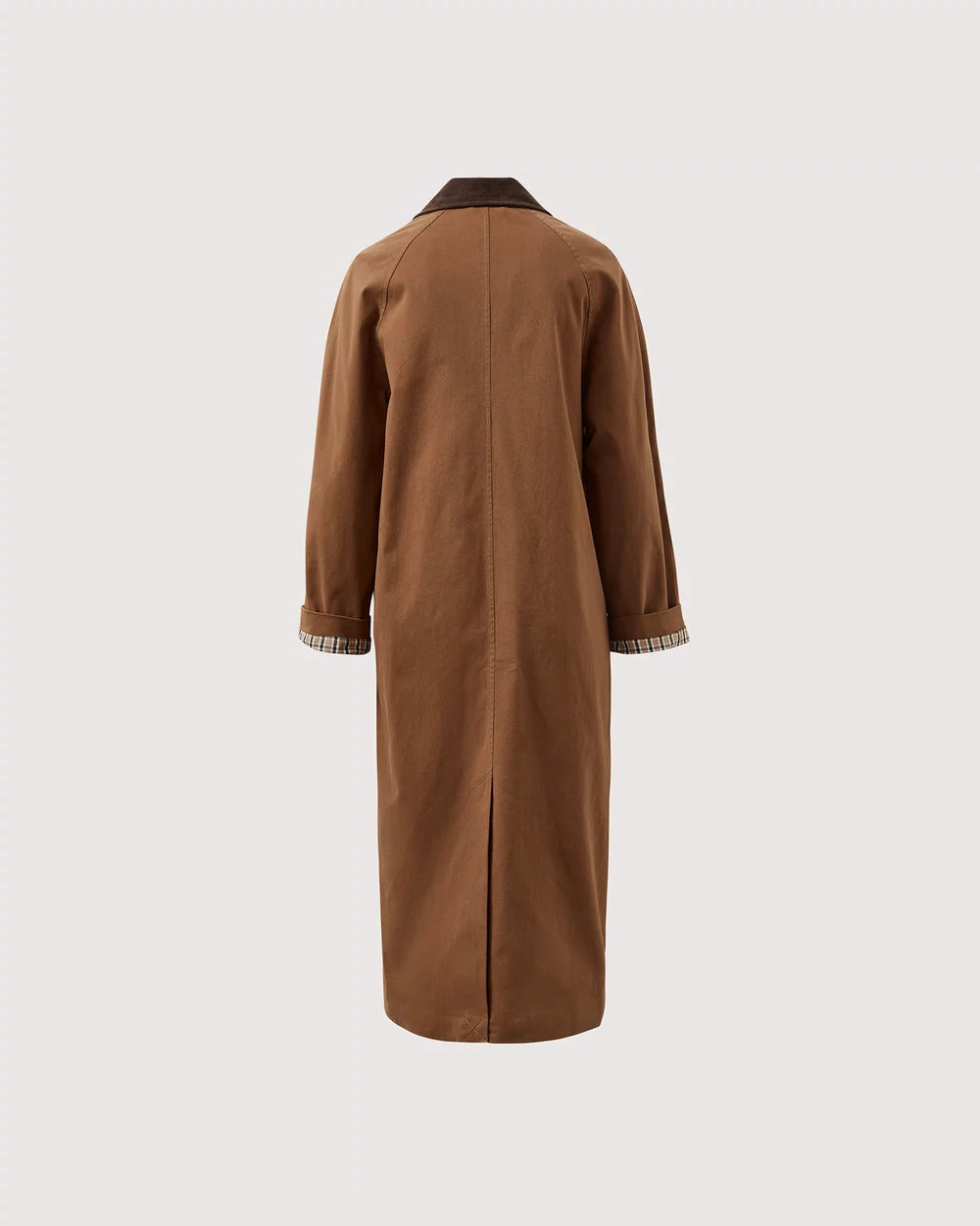 A long brown coat shown from the back, featuring a dark brown collar and striped trim on the cuffs, displayed against a light gray background.