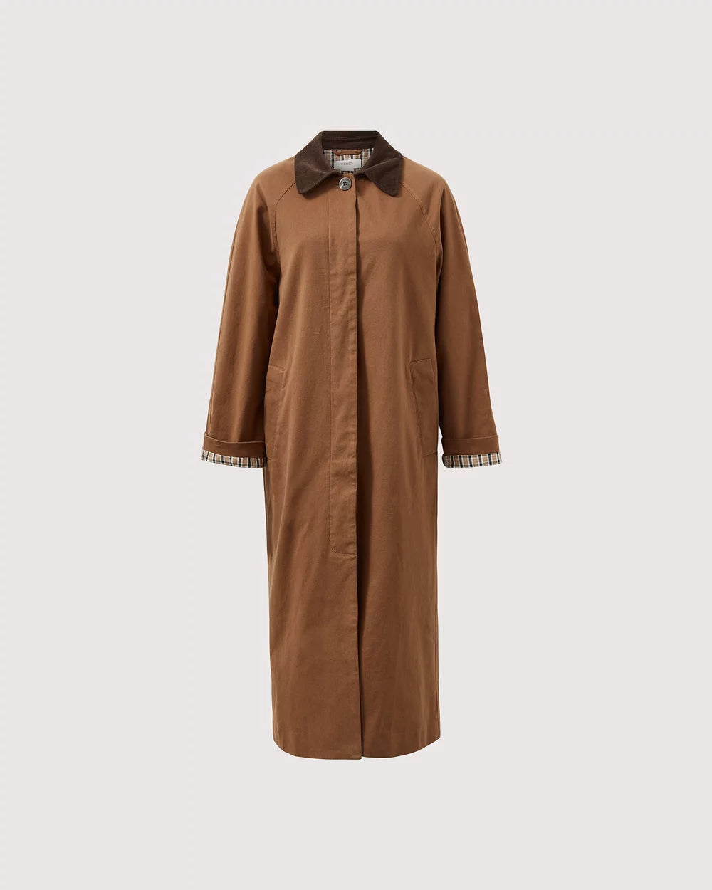 A brown longline trench coat with a dark brown corduroy collar and striped plaid cuffs, shown against a light gray background.