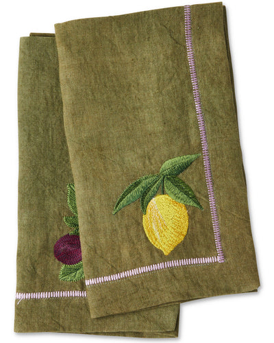 A set of olive green linen napkins with embroidered fruit designs and lilac purple stitch details. Available at Hello Darling store.