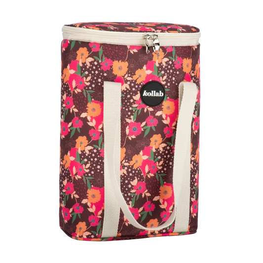 Floral-patterned cooler bag with 'kollab' branding on a white background