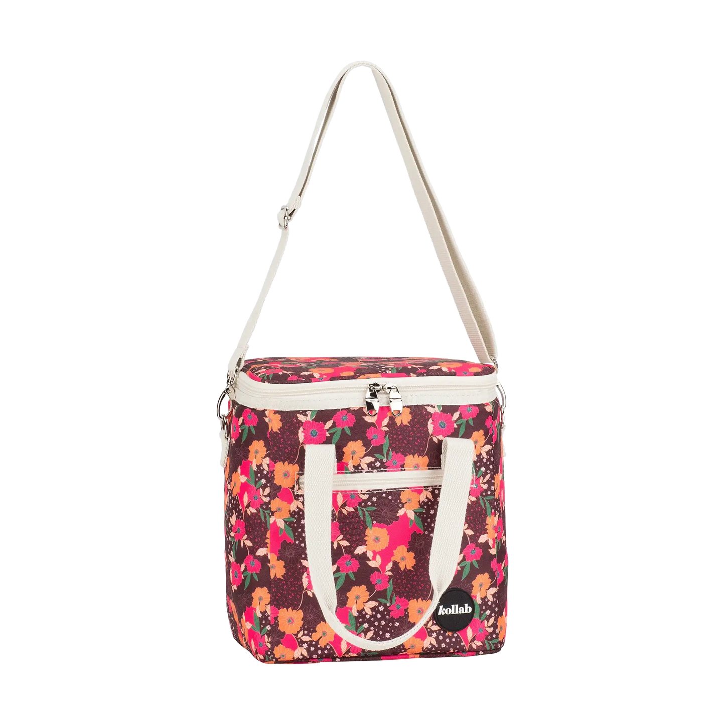 Floral-patterned bag with a white strap on a white background