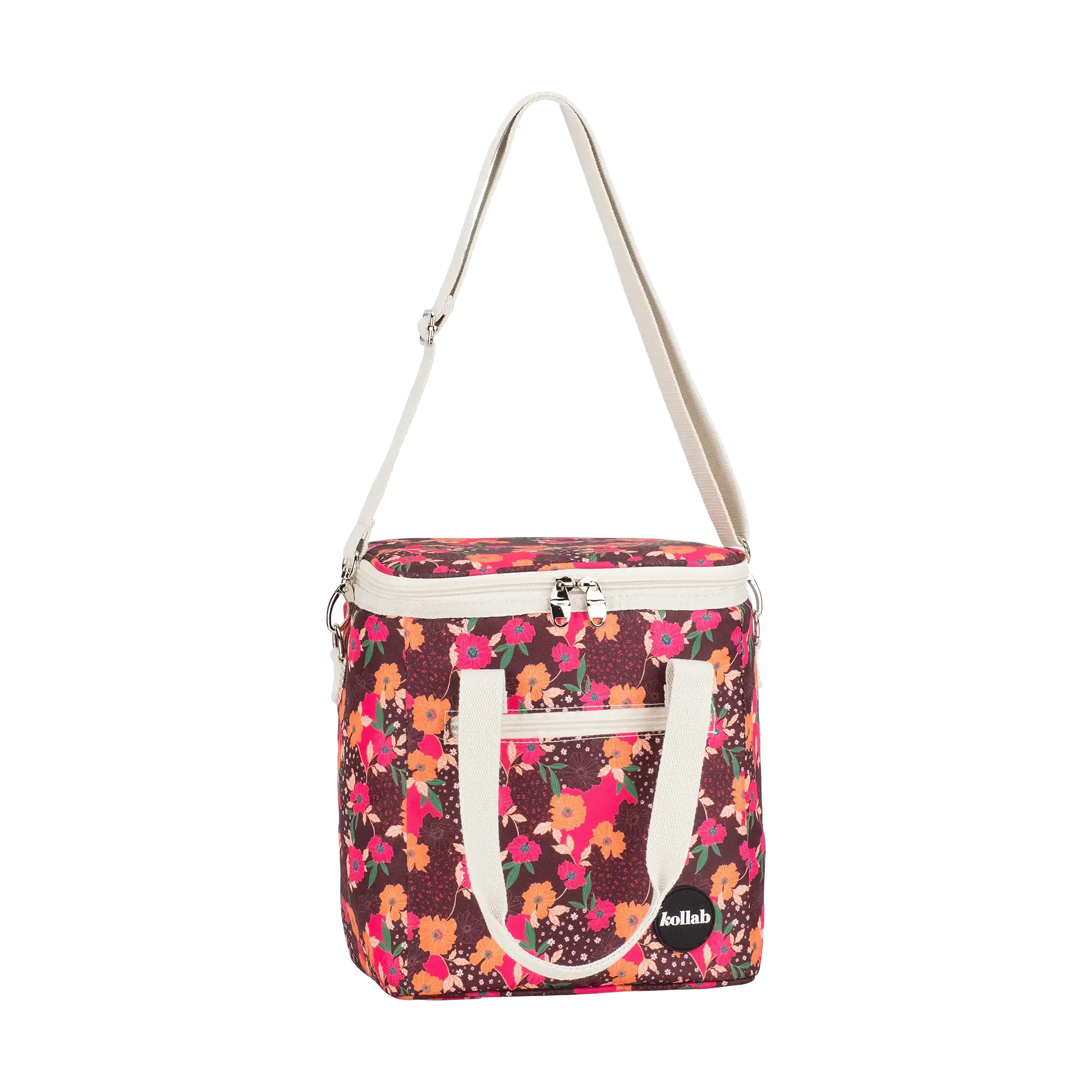 Floral-patterned bag with a white strap on a white background