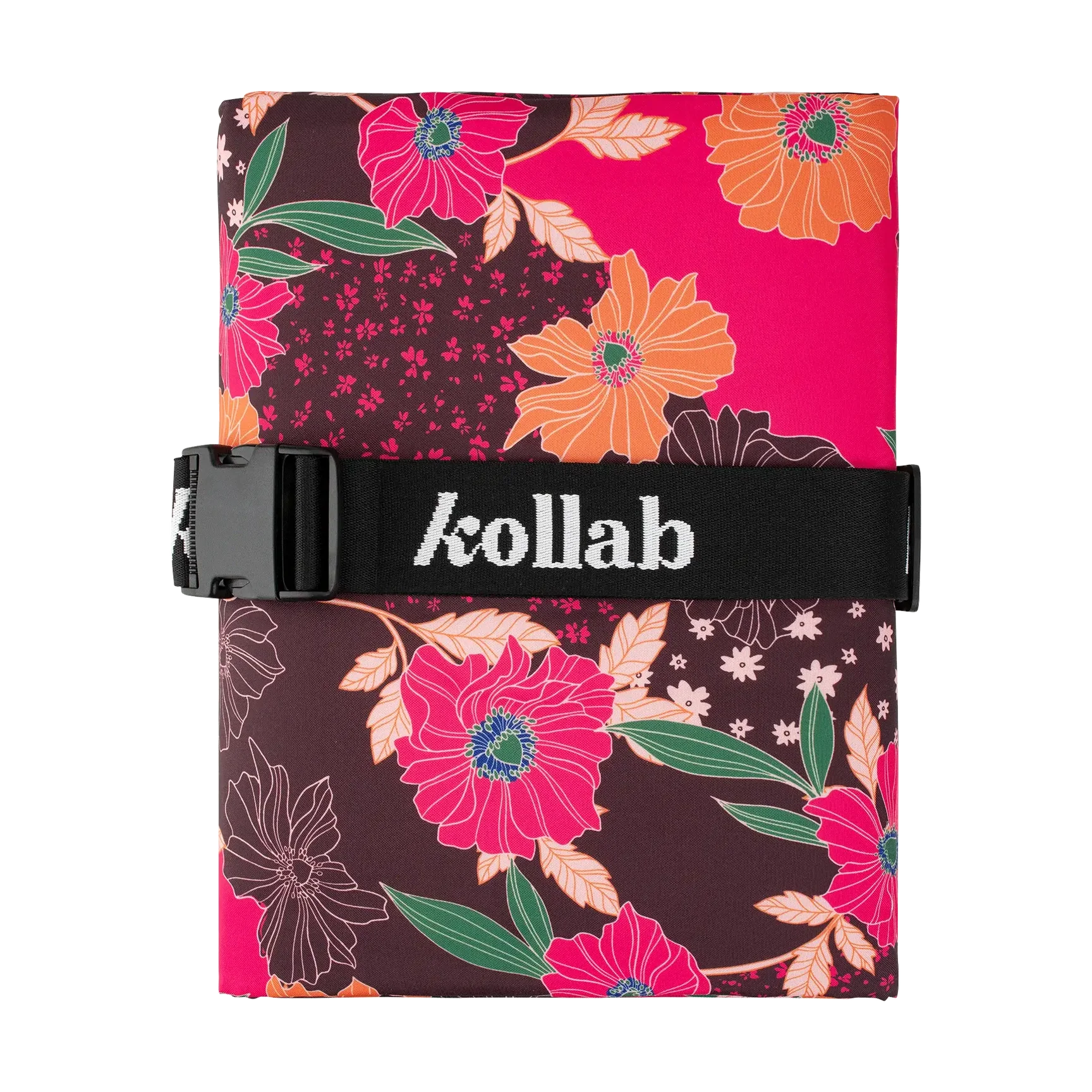 Floral-patterned picnic mat folded with 'kollab' branding on a white background