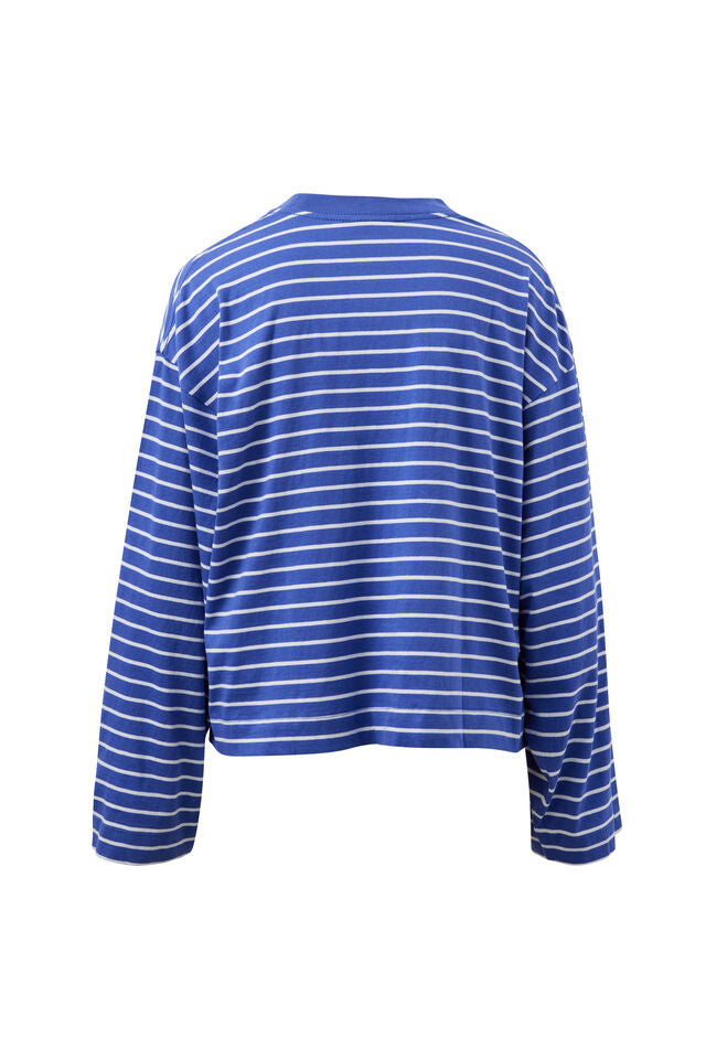 A cropped long-sleeve top with horizontal blue and white stripes, shown from the back on a plain white background.