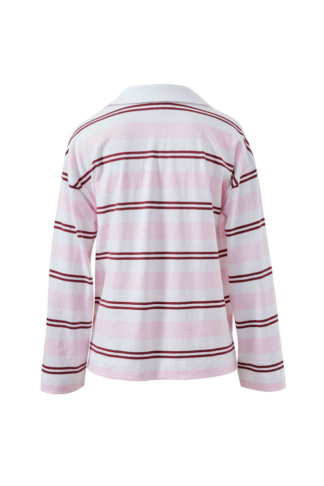 A long-sleeve collared shirt with horizontal stripes in light pink, white, and dark red, shown from the back on a plain white background.