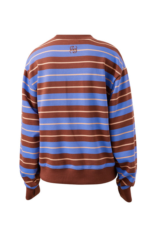 Striped sweater with brown and blue horizontal stripes on a white background
