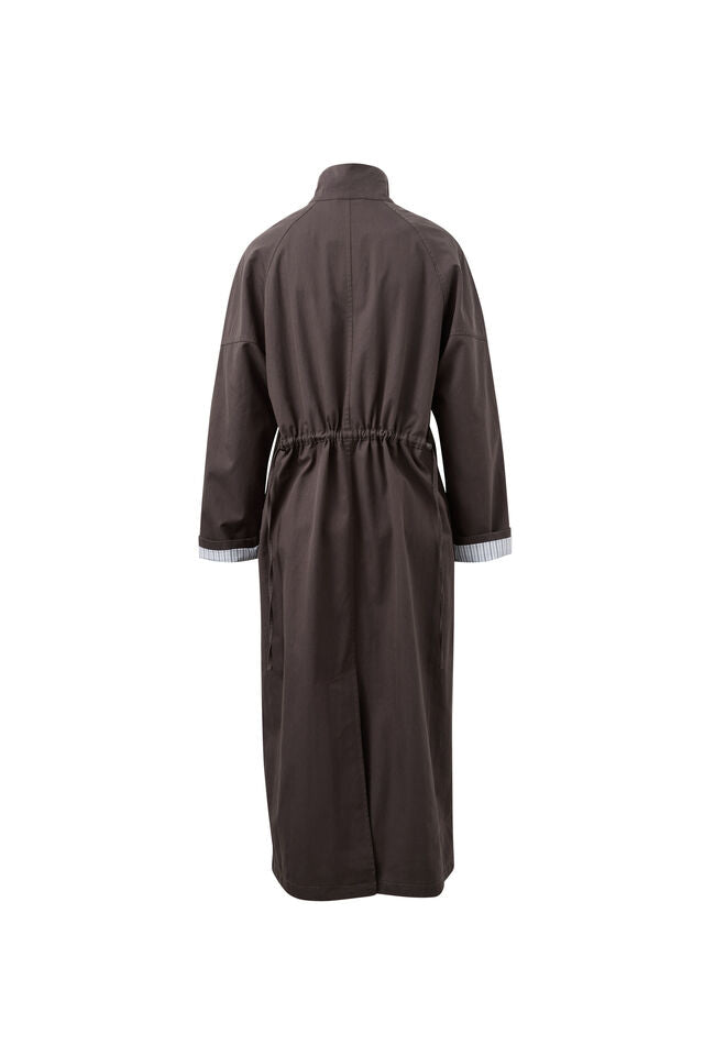 A dark brown hooded robe shown from the back, featuring a drawstring waist and light gray striped cuffs, set against a plain white background.
