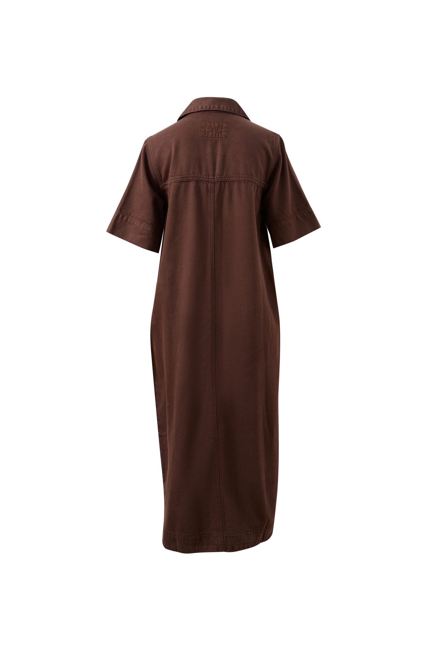 A dark brown short-sleeve shirt dress shown from the back, featuring a collar and a subtle tonal embroidered logo on the upper back, set against a plain white background.