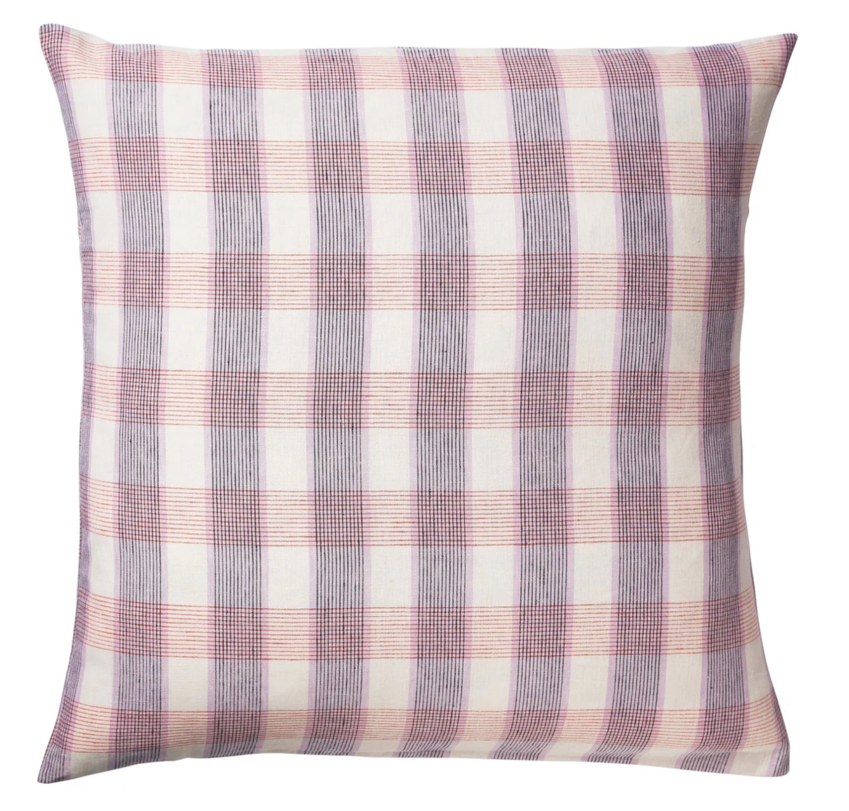 Plaid-patterned pillow with pink and purple stripes on a white background