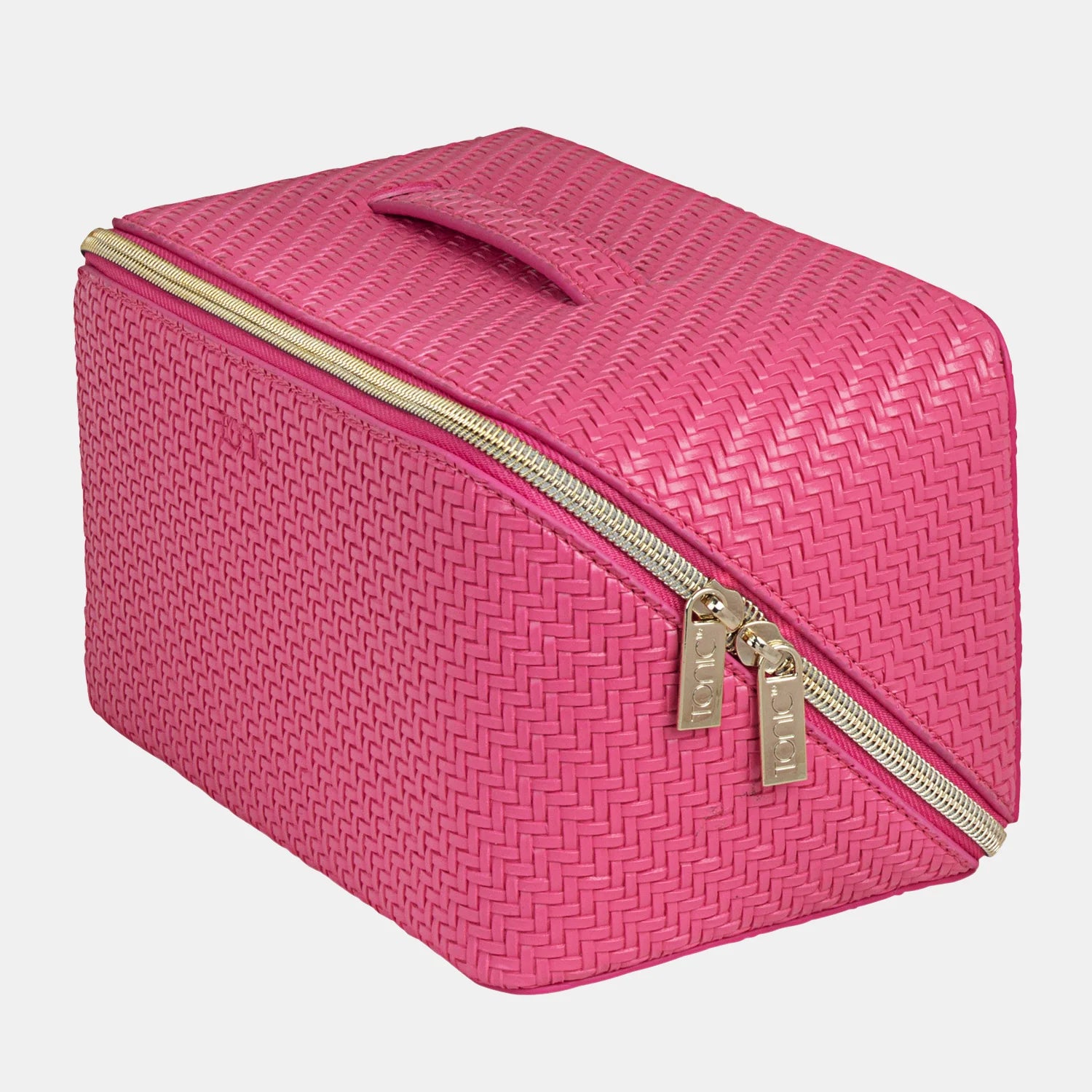 Pink woven rectangular beauty bag with gold zipper on a light gray background