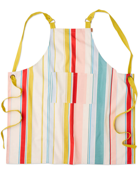 A white apron with vertical multicolor stripes in yellow, red, pink, and teal, featuring yellow neck and waist ties, shown flat against a white background.