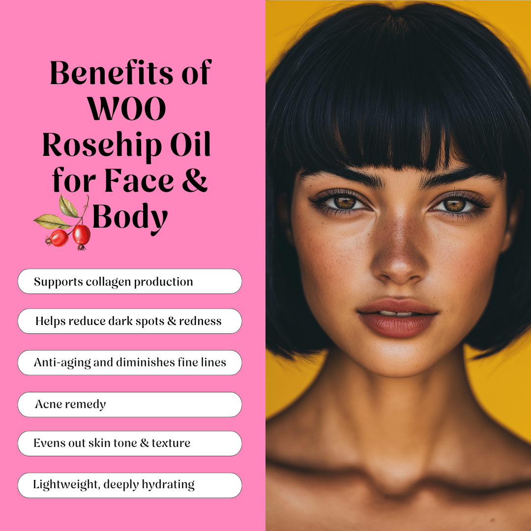 Woman's face with benefits of WOO Rosehip Oil for Face & Body on a pink background