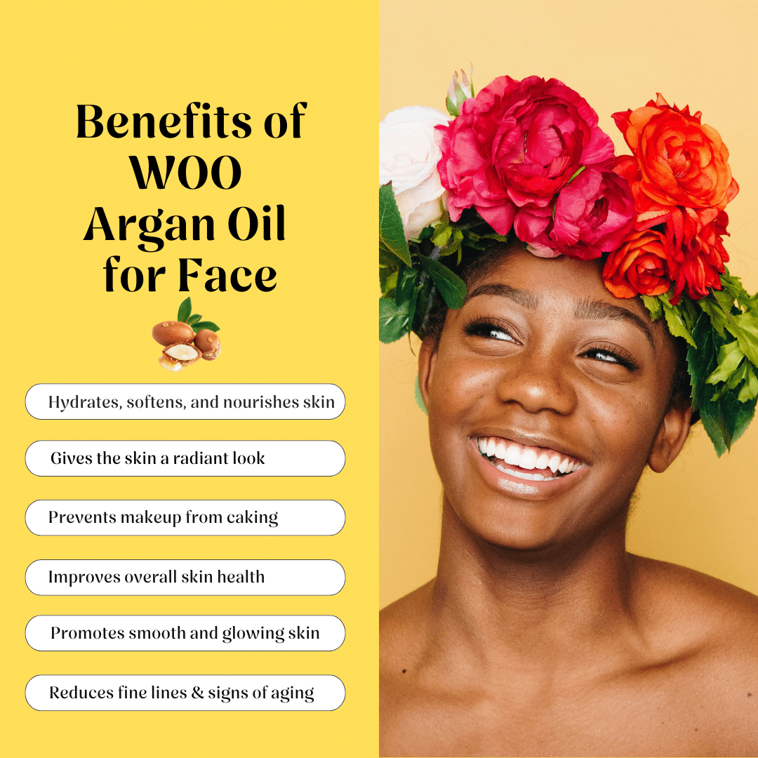 Woman with floral headband on a yellow background with text about WOO Argan Oil benefits.