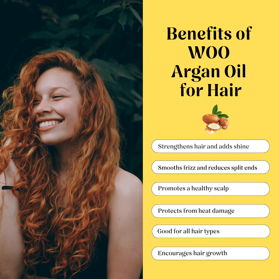 Woman with long red hair on a yellow background with text about the benefits of WOO Argan Oil for hair.
