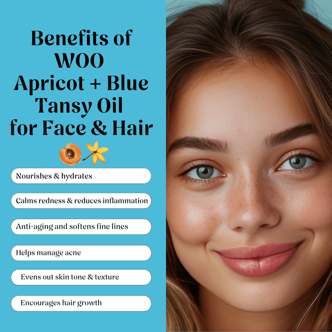 Woman's face with text listing benefits of WOO Apricot + Blue Tansy Oil for Face & Hair on a blue background.