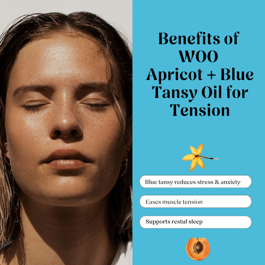 A promotional graphic with a close-up portrait of a woman on the left and text on a bright blue panel on the right reading 'Benefits of WOO Apricot + Blue Tansy Oil for Tension,' plus small illustrations of a yellow flower and an apricot slice.