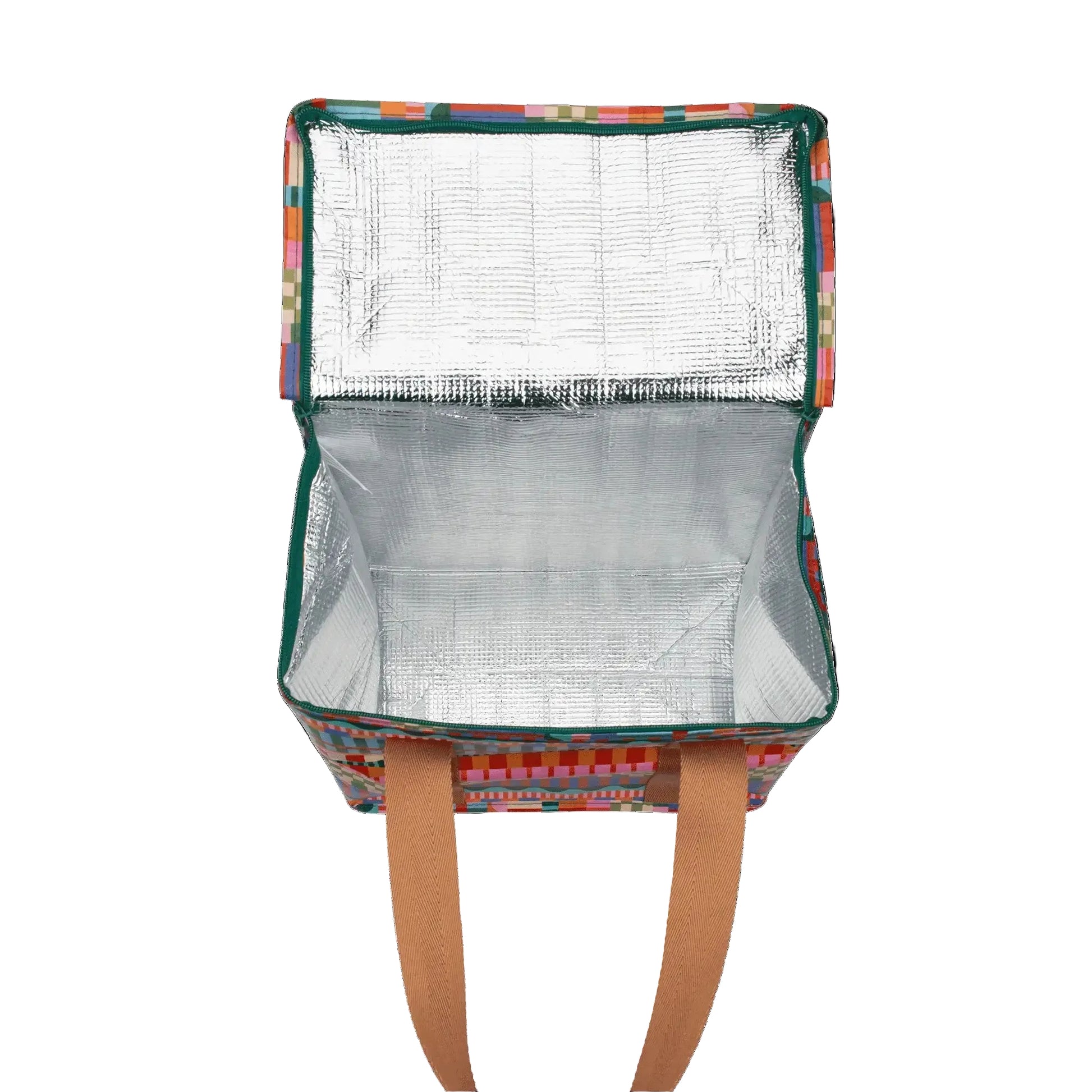 Insulated lunch bag with colorful pattern on a black background