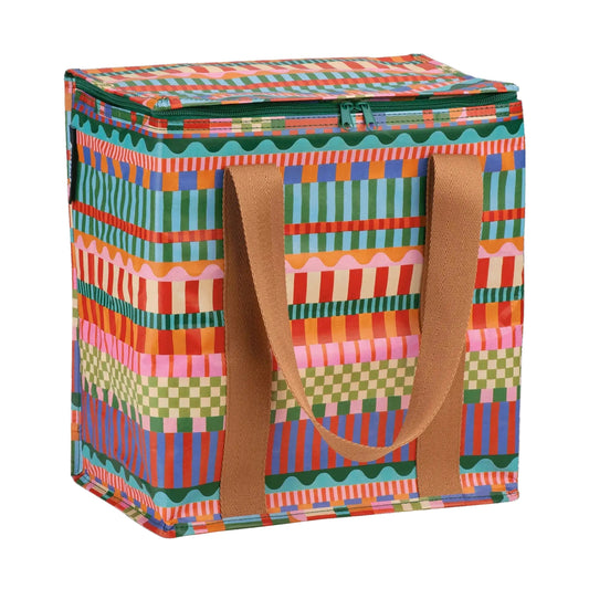 Colorful patterned storage box with a brown handle on a black background