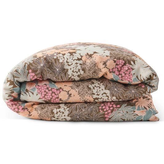 A folded linen quilt cover with a floral print in orange, white, pink, and green on an olive background, with a plain olive reverse visible.