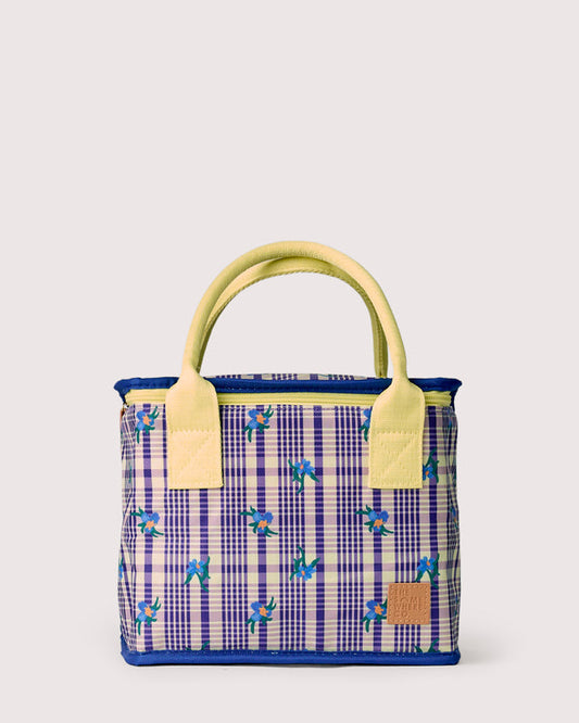 A structured tote bag with a purple and white gingham pattern, decorated with blue butterflies and yellow-green handles and trim, shown against a light gray background.