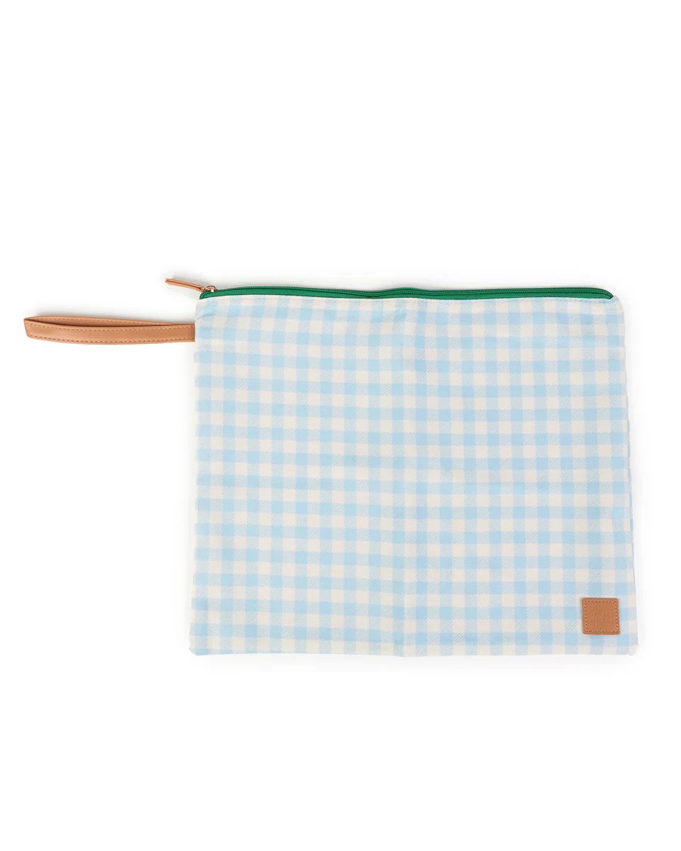 Pouch with blue and white checkered pattern on a white background