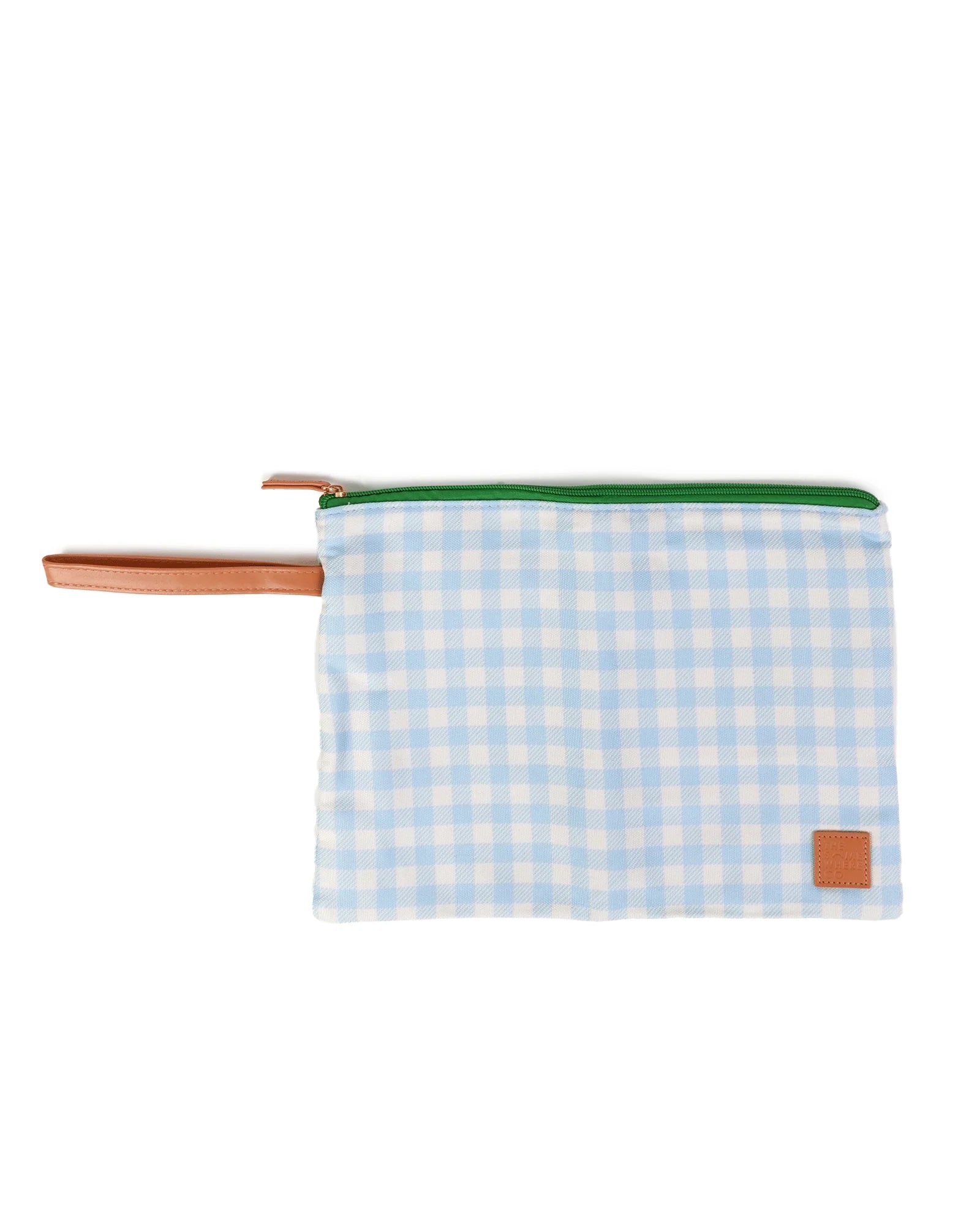 Pouch with blue and white checkered pattern and green zipper on a white background
