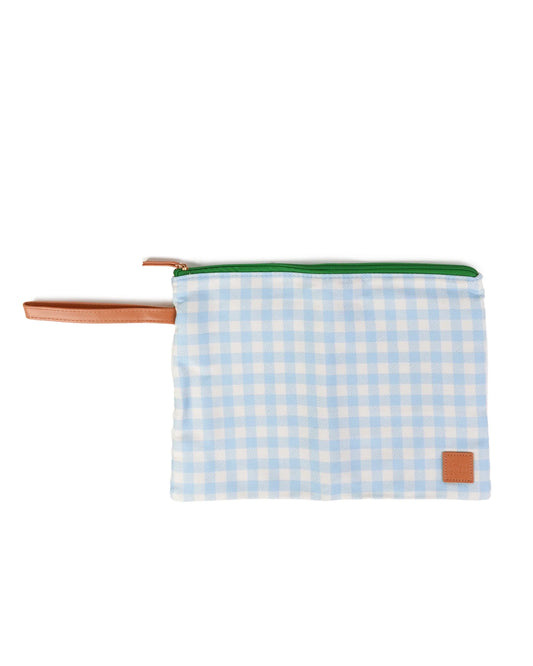 Pouch with blue and white checkered pattern and green zipper on a white background