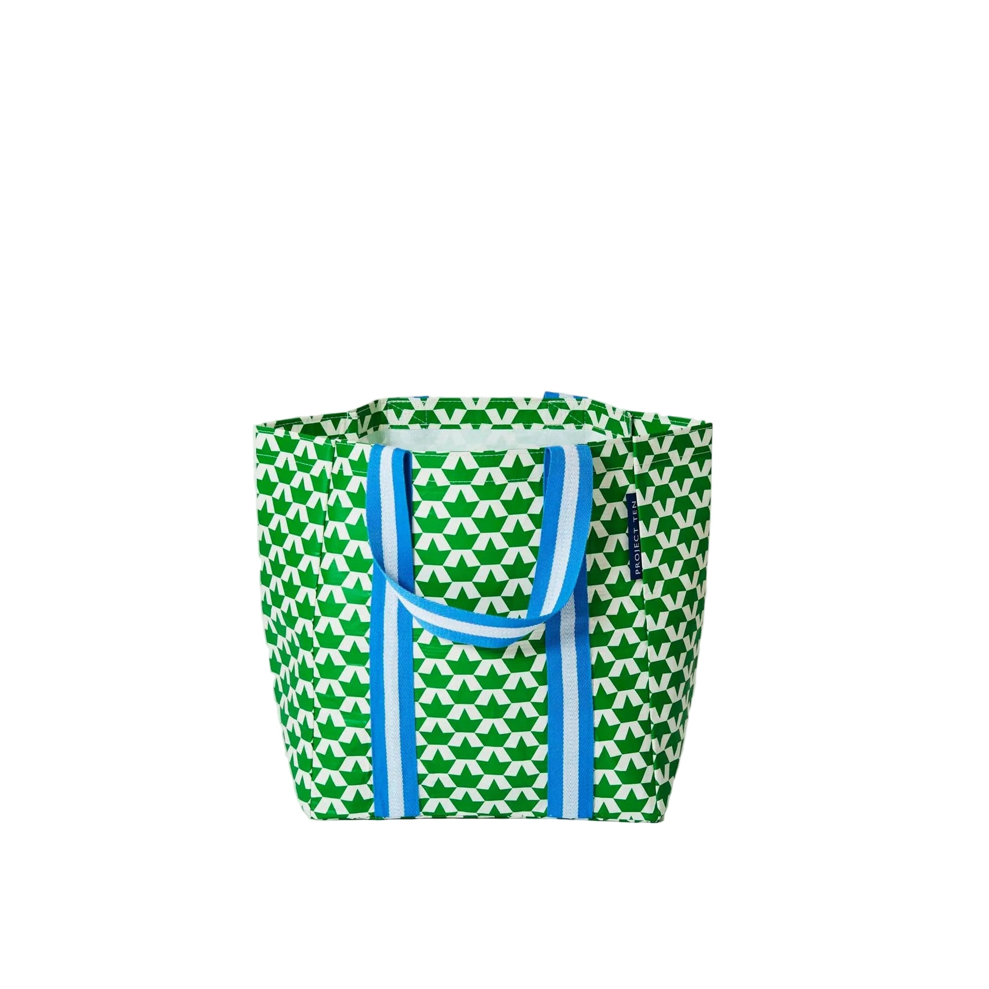 Green patterned tote bag with blue handles on a white background