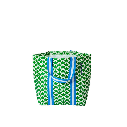 Green patterned tote bag with blue handles on a white background